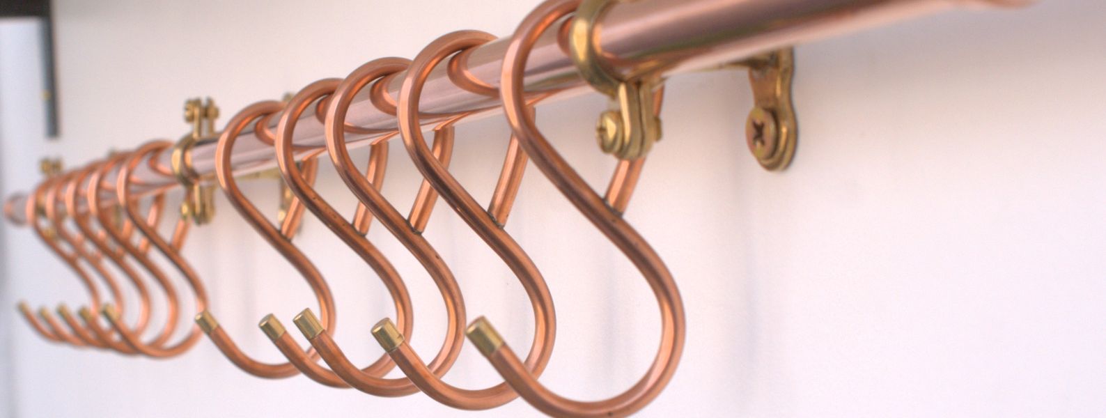 Large French farmhouse copper hook rail, hand-forged and wall mounted