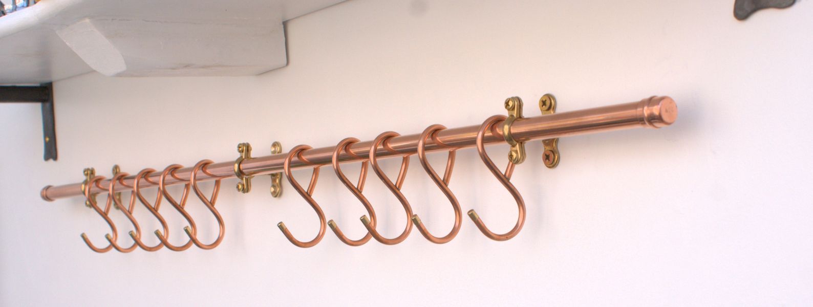 36-inch copper rack with 10 hand-forged hooks, wall mounted