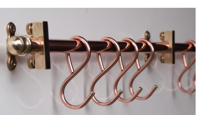 36-inch handmade copper pan rack with hand-turned acorn ends and 10 forged butcher hooks – French farmhouse style
