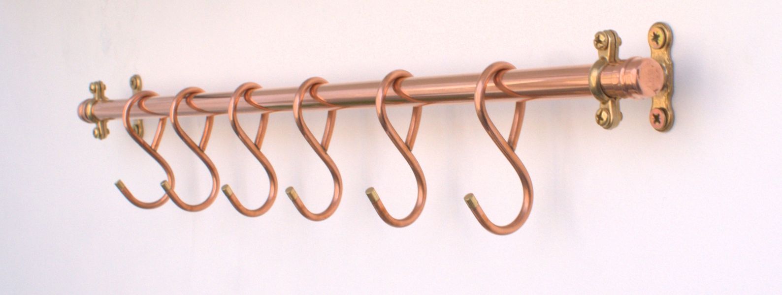 24-inch French-style copper pot rail with 6 hand-forged hooks