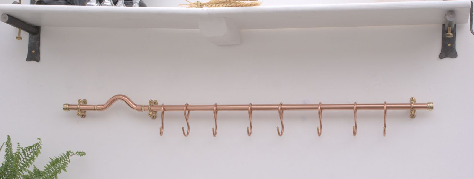 Handcrafted Copper Pan Rack — Modernist Curved Design with 8 Hand-Forged French Style Hooks and Brass Ends